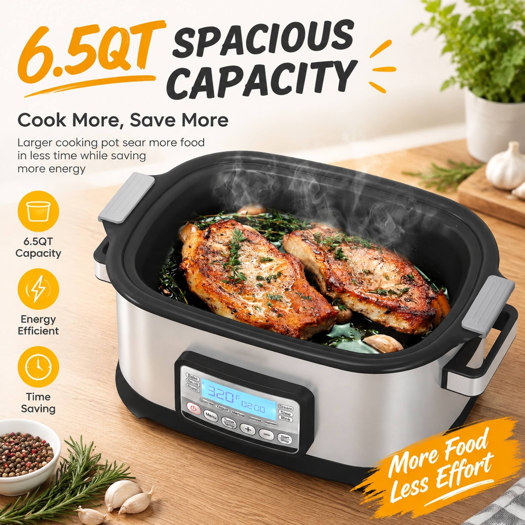 6.5QT SPACIOUS CAPACITY  
Cook More, Save More  
Larger cooking pot sear more food in less time while saving more energy  

6.5QT Capacity  
Energy Efficient  
Time Saving  

320°F 02:00  

More Food Less Effort