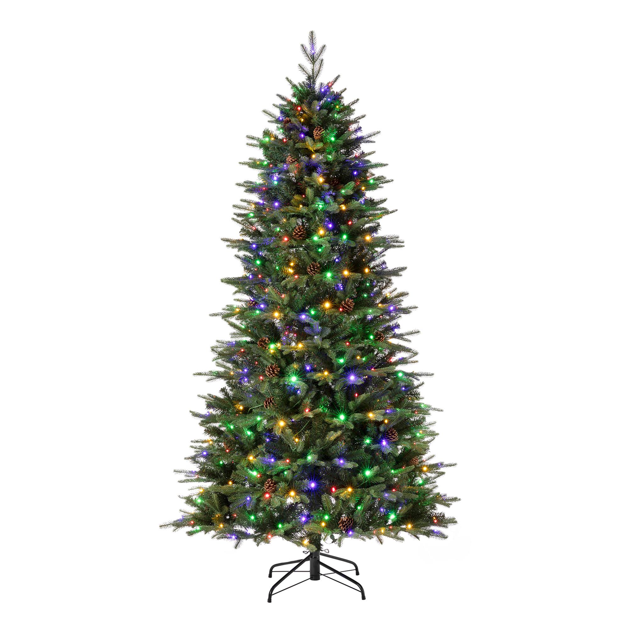 Angle. Glitzhome - 7ft Pre-Lit Fir Slim Artificial Christmas Tree with 500 LED Lights - Green.