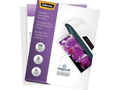 Fellowes Thermal Laminating Pouches  
Pochettes Pour la Plastification à Chaud  
Bolsas Para Plastificar en Caliente  

200 Pouches  
200 Pochettes  
200 Bolsas  

Image Last  
Captured for Life  
With UV Protection  
For Perfect Results  

3 Mil  
Thickness  
3 Mil  
Épaisseur  
3 Mil  
Grosor