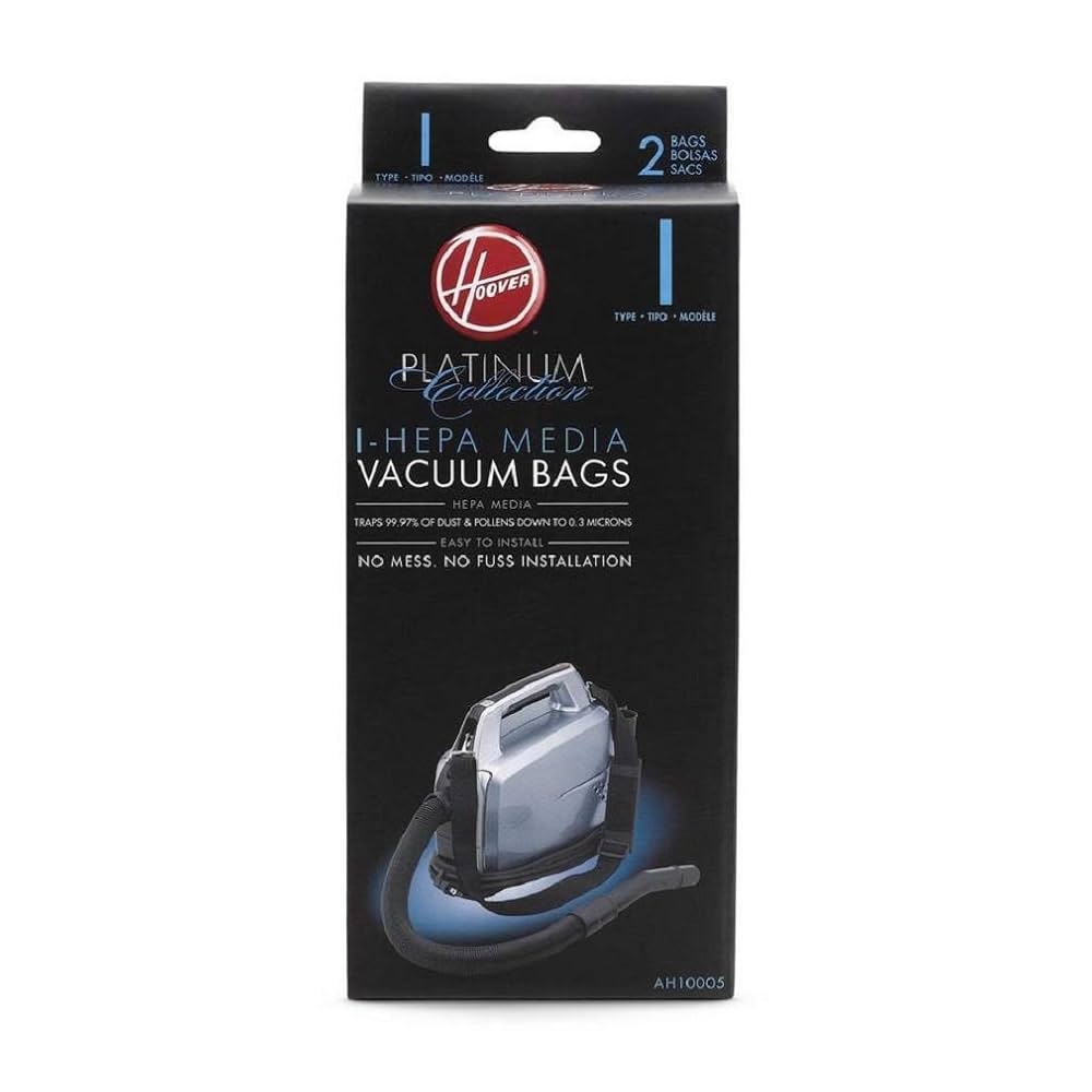 BAGS  
2 BOLSAS  
SACS  

TYPE - TIPO - MODELE  

PLATINUM Collection  
I-HEPA MEDIA VACUUM BAGS  

HEPA MEDIA  
TRAPS 99.97% OF DUST & POLLENS DOWN TO 0.3 MICRONS  

EASY TO INSTALL  
NO MESS. NO FUSS INSTALLATION  

AH10005