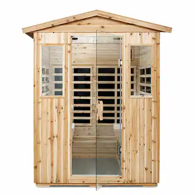 Front. RYHNUYNE - 4 Person Far-Infrared Outdoor Sauna, Old Fir Wood, 8 Heating Panels, 2050W, Bluetooth Audio, LED Lighting, 69.29 - Natural Wood.