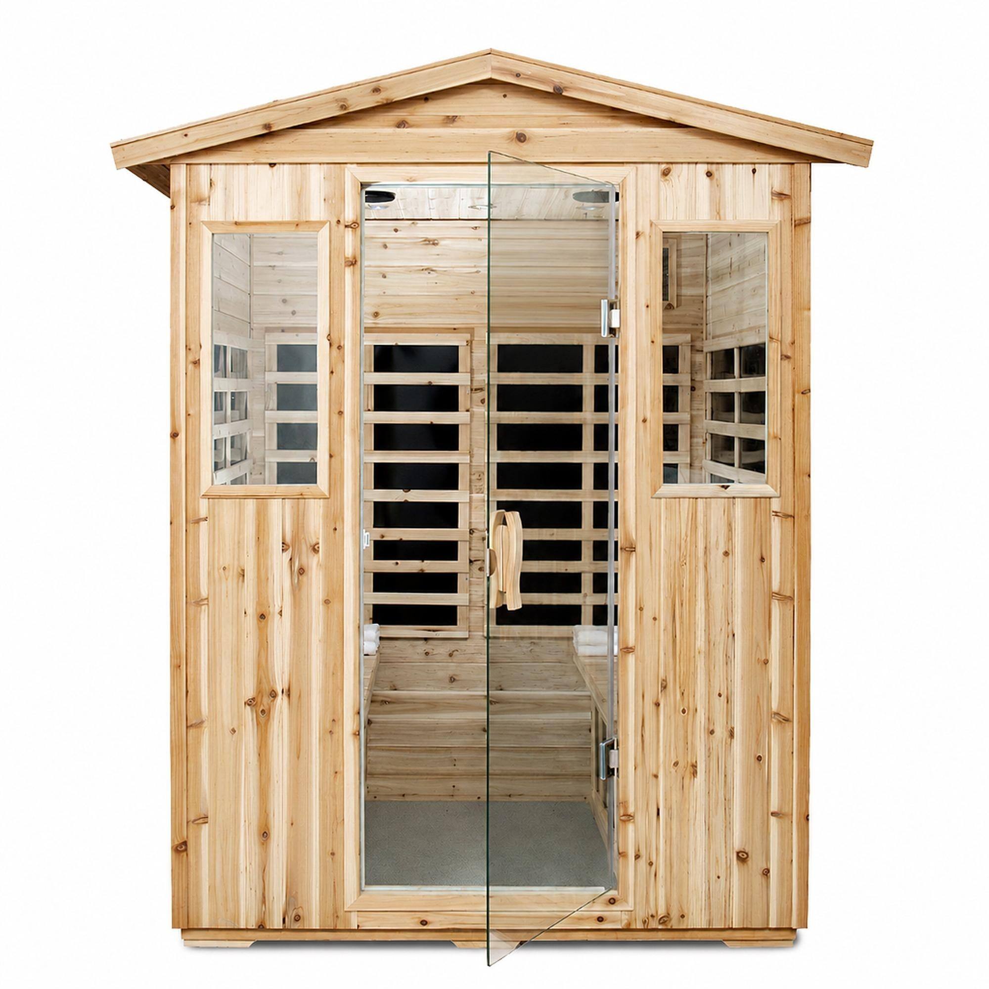 Front. RYHNUYNE - 4 Person Far-Infrared Outdoor Sauna, Old Fir Wood, 8 Heating Panels, 2050W, Bluetooth Audio, LED Lighting, 69.29 - Natural Wood.