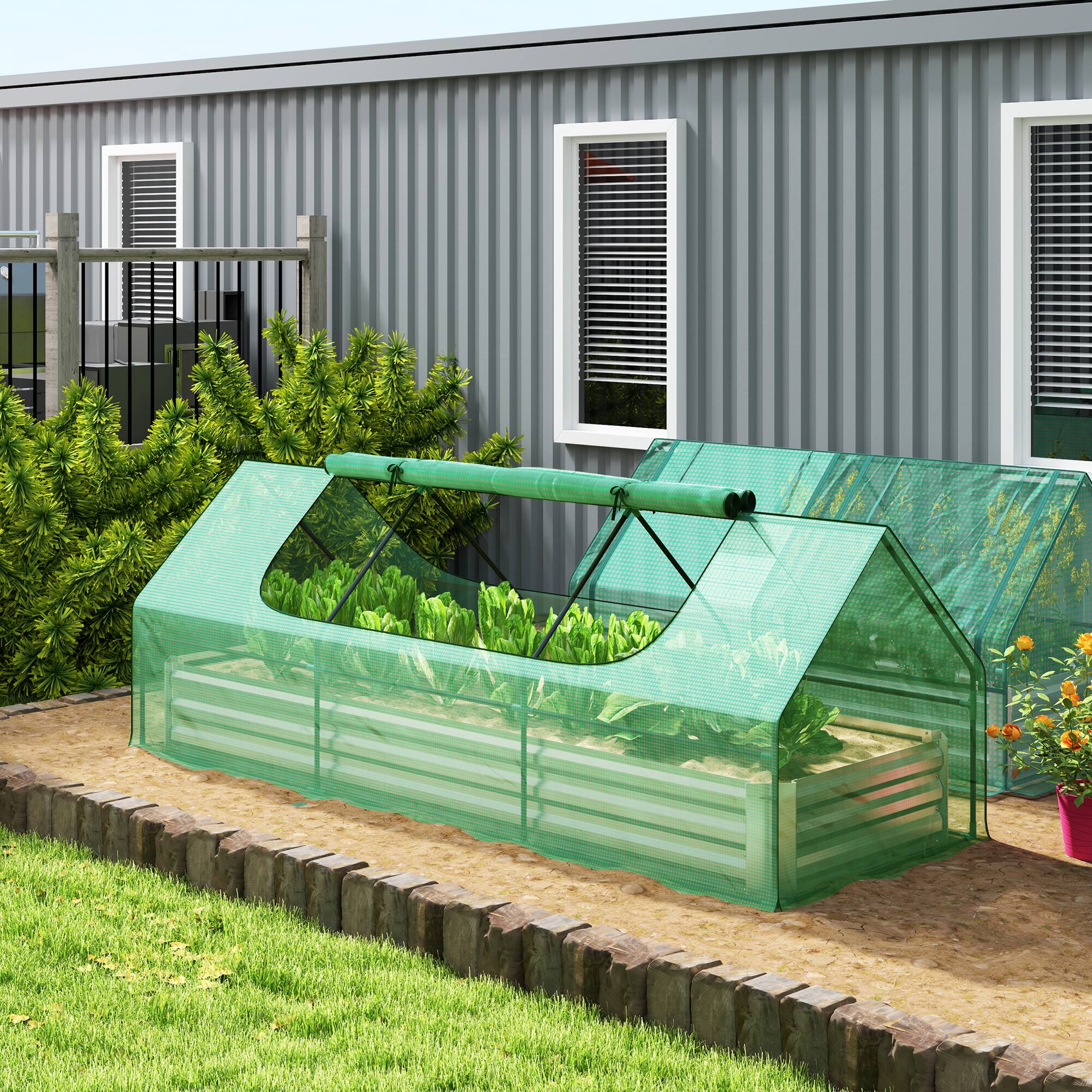 Alt View 1. Outsunny - 8.6 x 3 x 1ft Raised Garden Bed with Mini Greenhouse, Galvanized Raised Garden Bed with Cover for Herbs and Vegetables - Green.