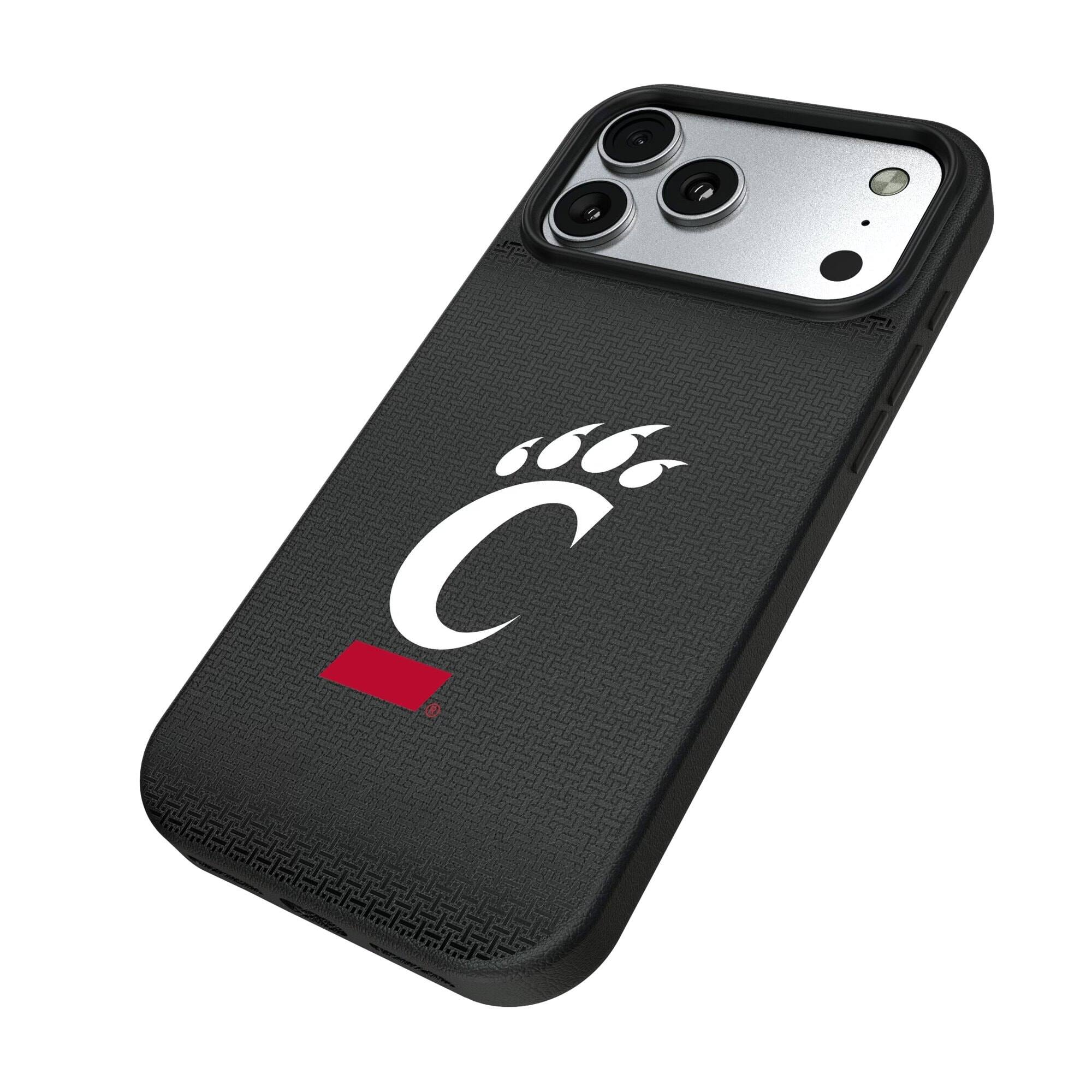 Alt View 1. Keyscaper - Cincinnati Bearcats Linen Logo iPhone Magnetic Bump Case - 15 Pro Max - Black.