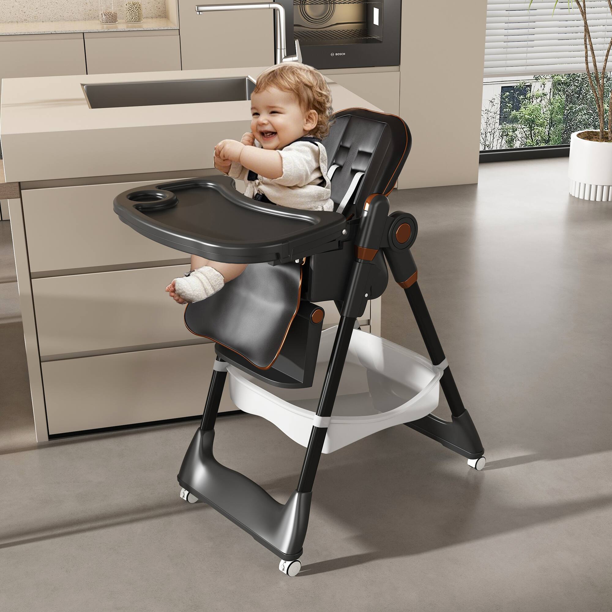 Alt View 1. GOODSILO - Adjustable Infant High Chair for Ages 0-6 Years - Portable Feeding Seat with Safety Harness and Locking Wheels - Black.