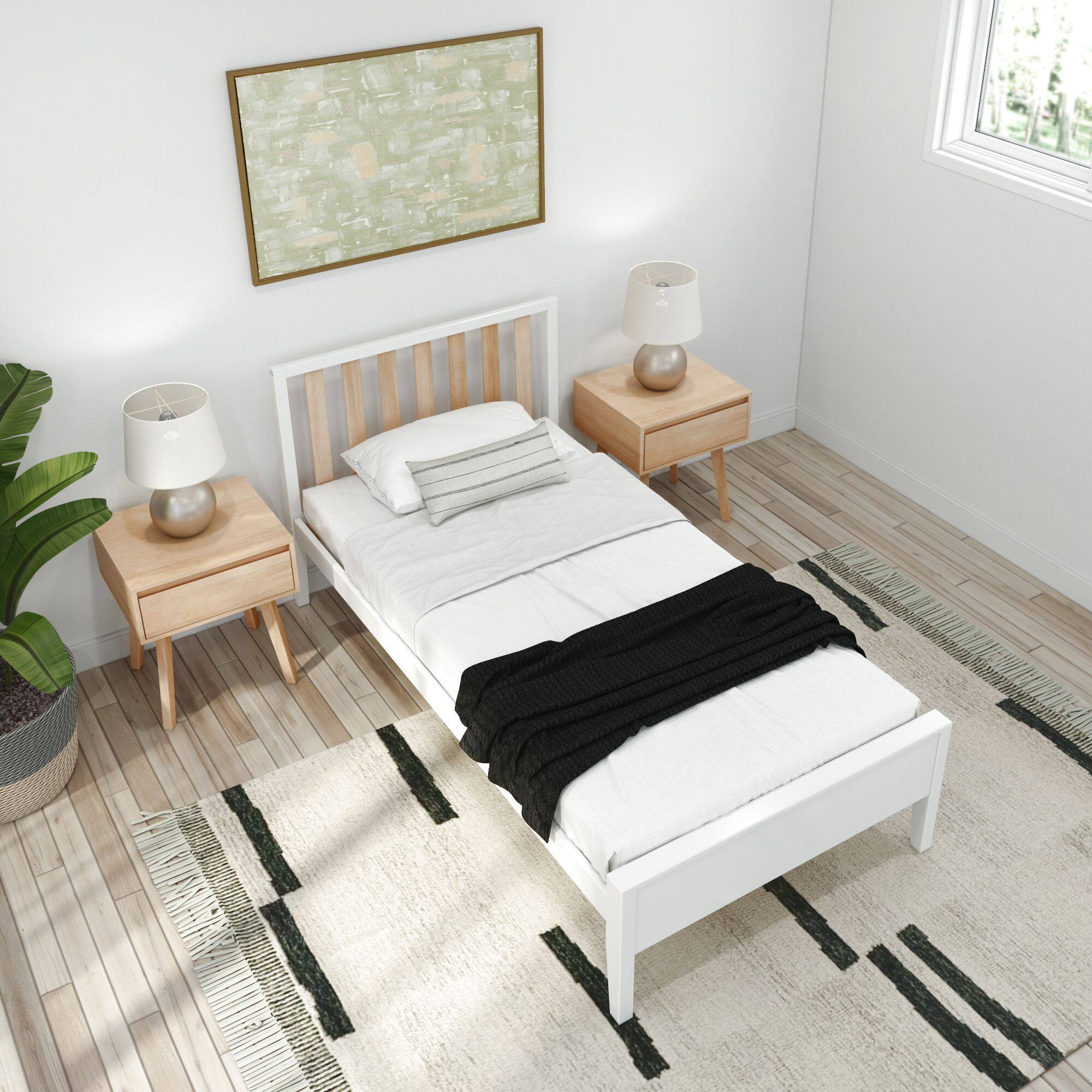 Alt View 5. Plank+Beam - Scandinavian Twin-Size Bed with Slatted Headboard, White/Blonde - White/Blonde.