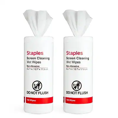 Staples Screen Cleaning Wet Wipes
Non-Abrasive
5x7 in | 12.7 x 17.8 cm
DO NOT FLUSH
100 Wipes