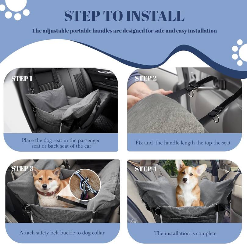 STEP TO INSTALL
The adjustable portable handles are designed for safe and easy installation

STEP 1
Place the dog seat in the passenger seat or back seat of the car

STEP 2
Fix and the handle length the top the seat

STEP 3
Attach safety belt buckle to dog collar

STEP 4
The installation is complete