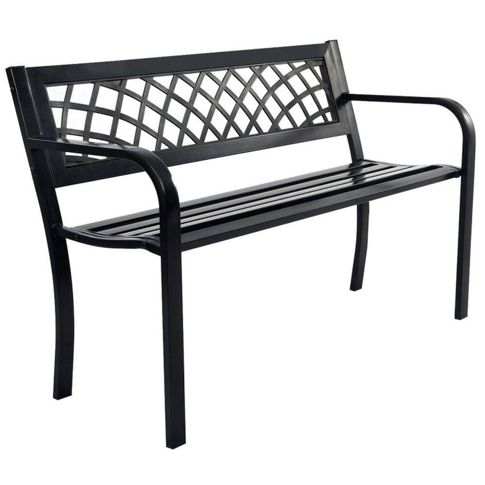 Back. Pefilos - Bench Deck with Comfortable Backrest, Patio Metal Slats Seat, Ergonomic Bench with Long-Lasting Steel Frame for Outdoor - Black.