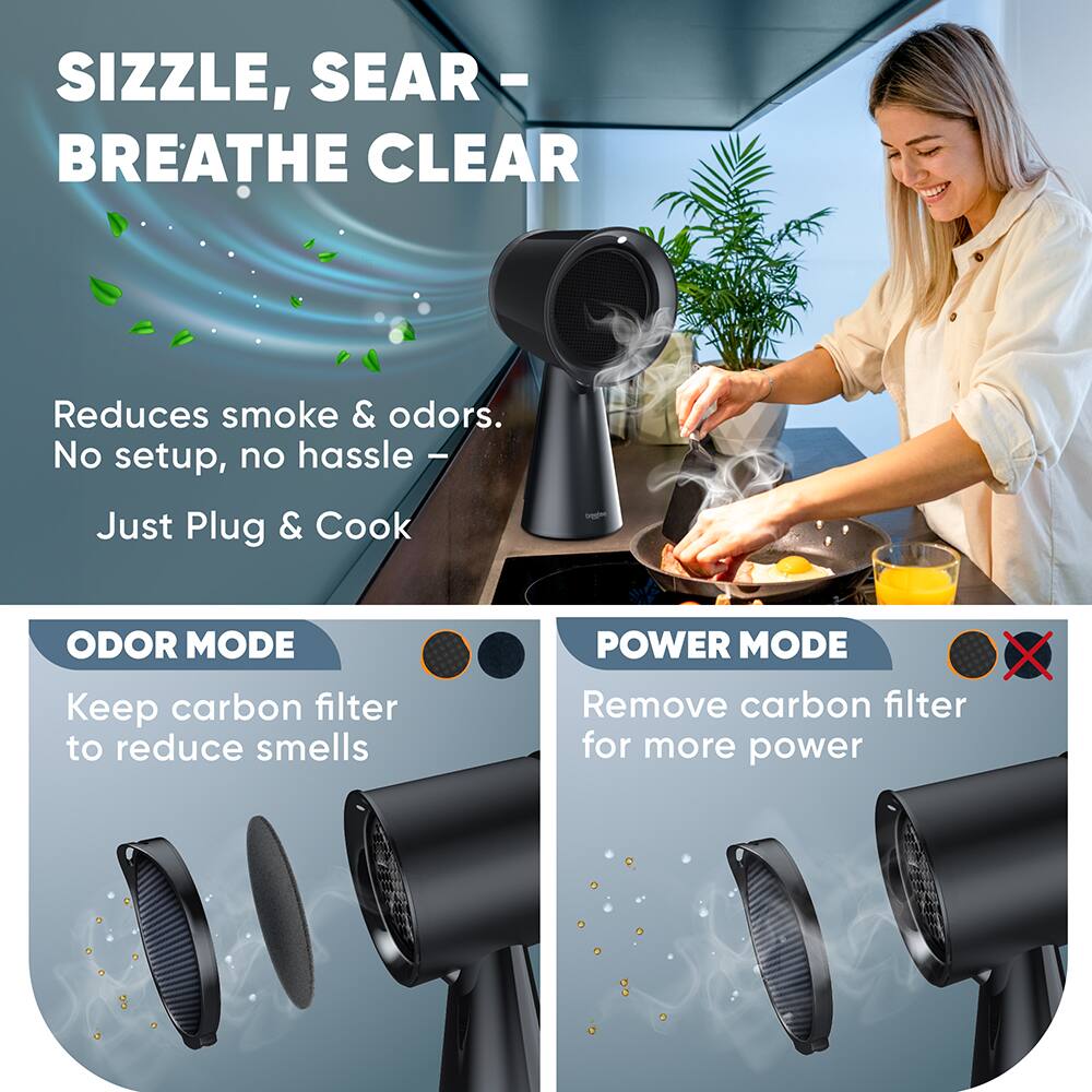 Sizzle, Sear - Breathe Clear

Reduces smoke & odors. No setup, no hassle - Just Plug & Cook

ODOR MODE
Keep carbon filter to reduce smells

POWER MODE
Remove carbon filter for more power