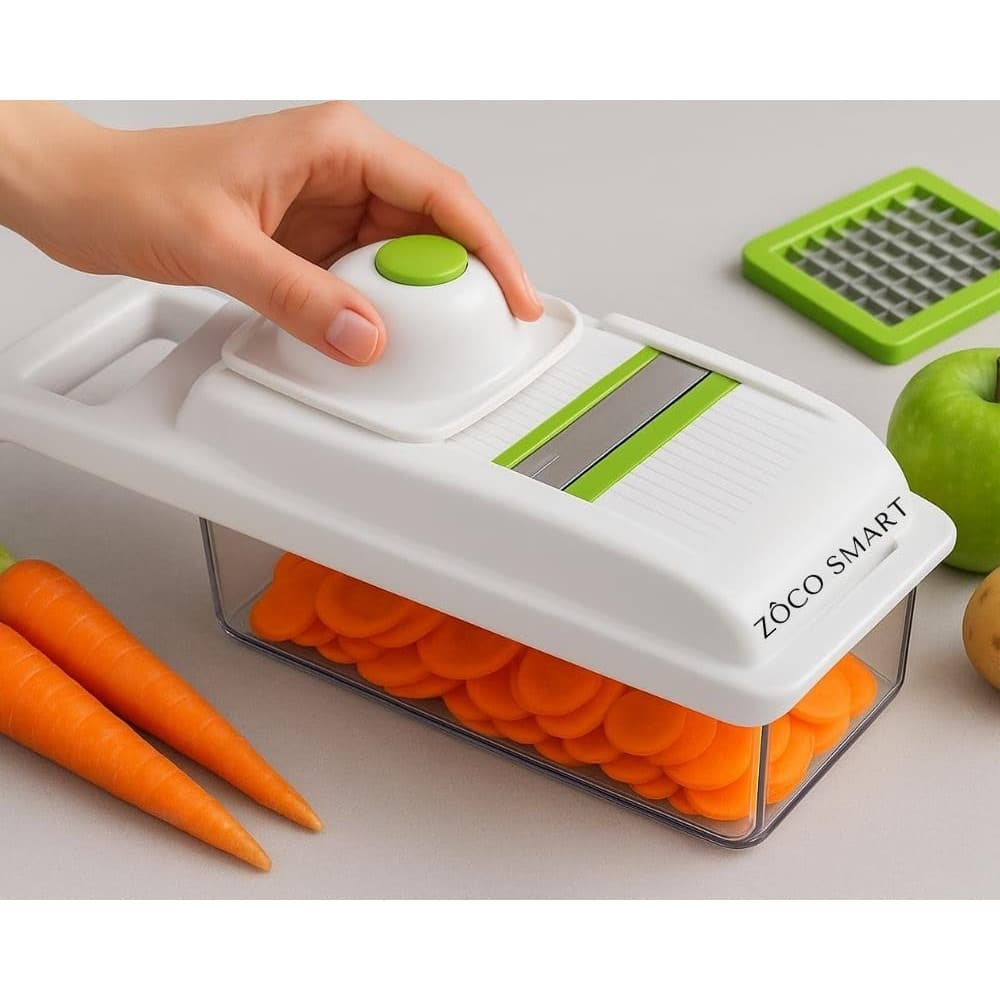 PARKER SLATER - Professional Vegetable Chopper and Slicer with Stainless Steel Blades, Food Cutter with Container - White/Green