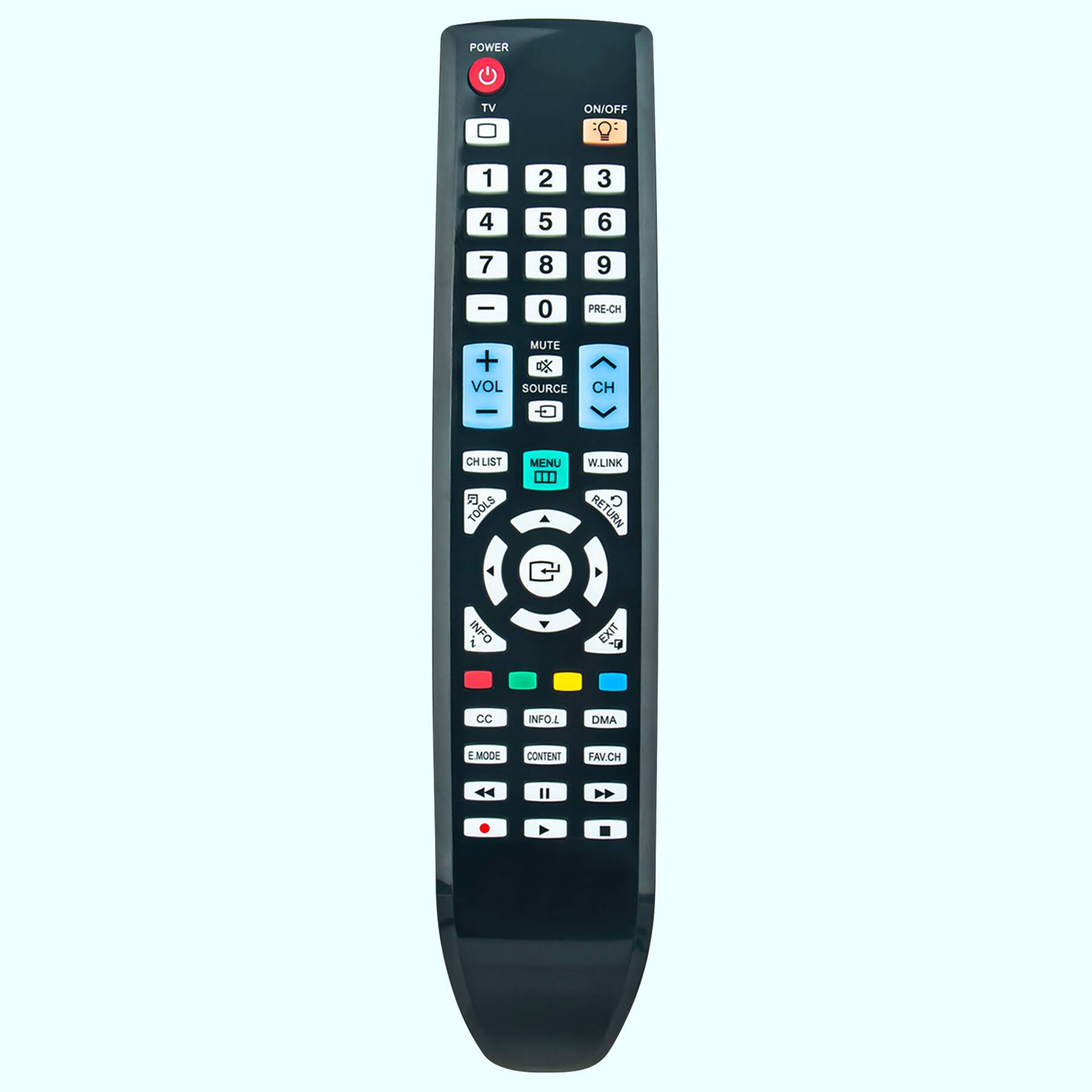 POWER TV ON/OFF: 1 2 3 4 5 6 7 8 9 0 PRE-CH MUTE + VOL SOURCE CH CH LIST TOOLS MENU 0.D W.LINK RETURN INFO i EXIT C CC TOJN DMA EMODE CONTENT FAVCH