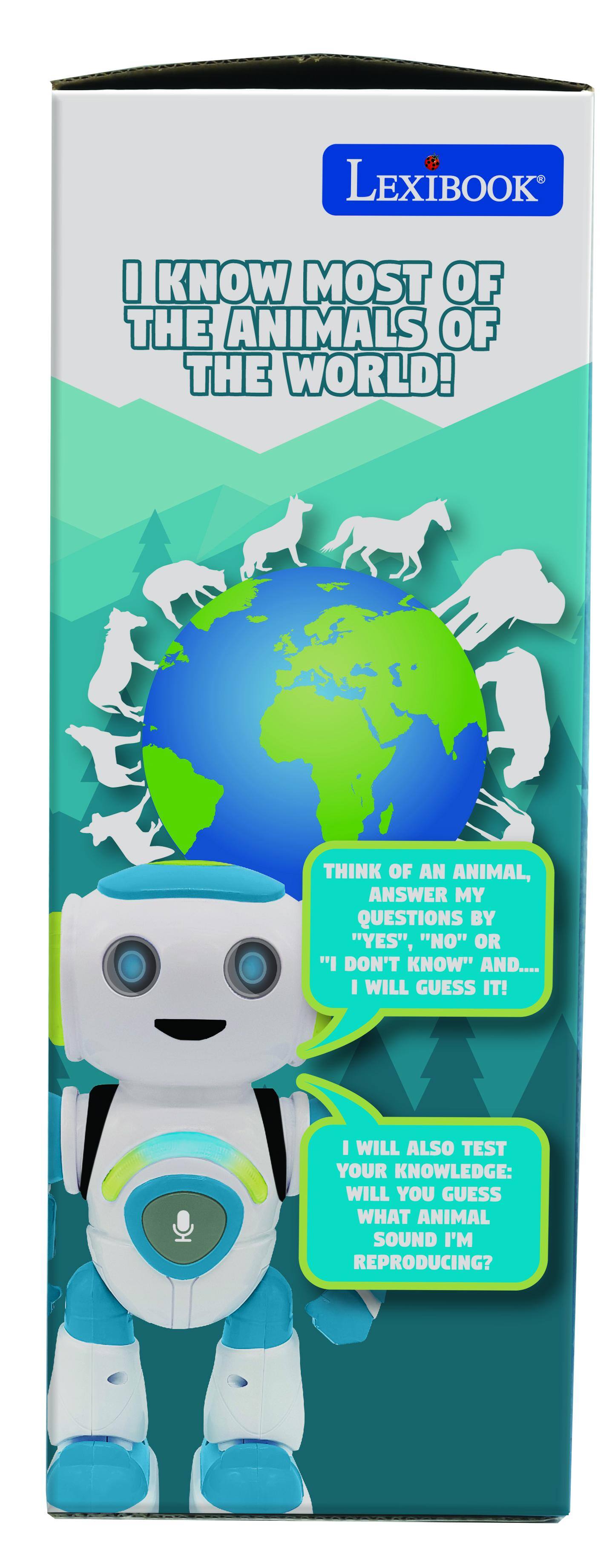 LEXIBOOK  
I KNOW MOST OF THE ANIMALS OF THE WORLD!  
THINK OF AN ANIMAL, ANSWER MY QUESTIONS BY "YES", "NO" OR "I DON'T KNOW" AND... I WILL GUESS IT!  
I WILL ALSO TEST YOUR KNOWLEDGE: WILL YOU GUESS WHAT ANIMAL SOUND I'M REPRODUCING?