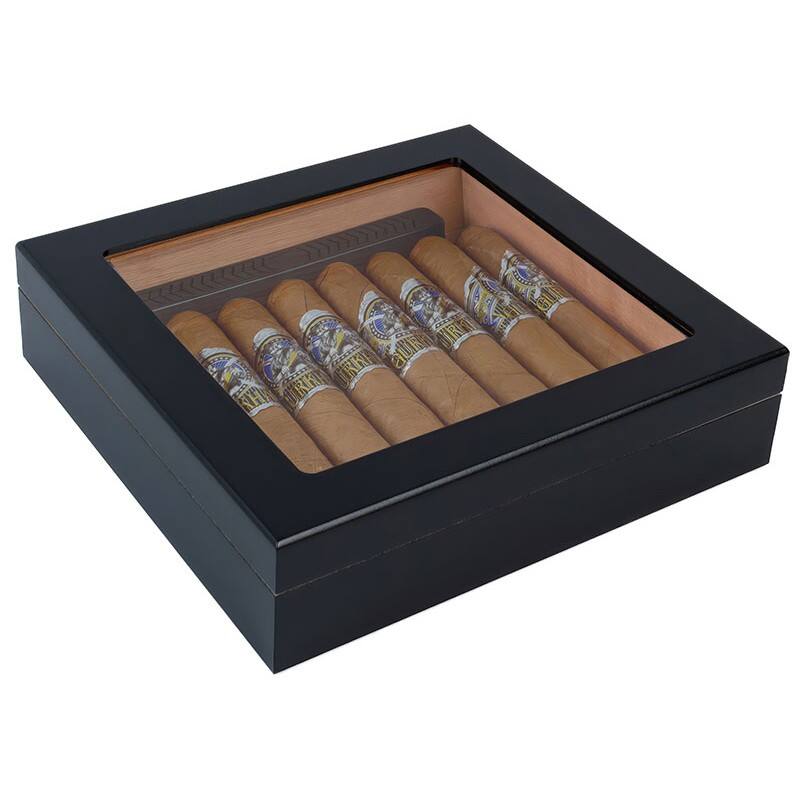 Angle. Prestige - Traveler Glasstop Humidor (Black) - Black Finish.