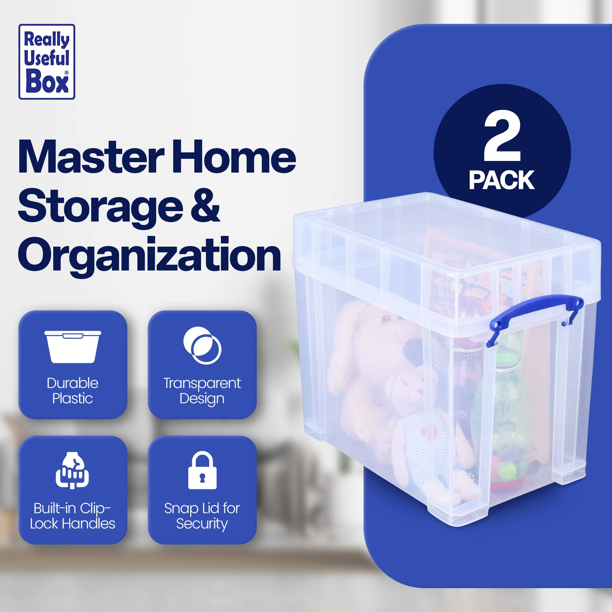 Really Useful Box  
Master Home Storage & Organization  

2 PACK  

- Durable Plastic  
- Transparent Design  
- Built-in Clip-Lock Handles  
- Snap Lid for Security