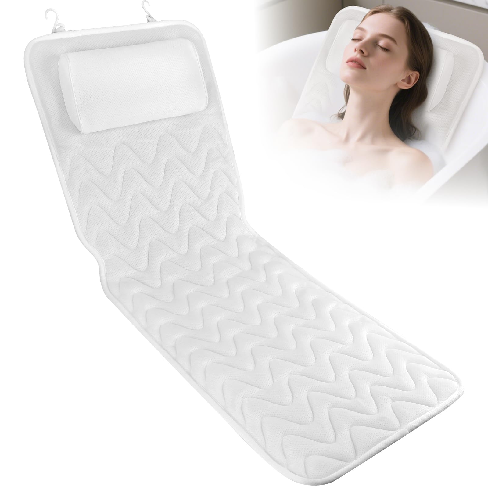 Fabibe - Full Body Bath Pillow For Tub Soft Bathtub Neck And Support Washable 4d Mesh Cushion With 11 Non-slip Suction Cups White - Default