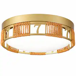 RYHNUYNE - Boho LED Flush Mount Ceiling Light, 11.81 Metal Frame, Woven Hemp Rope, Frosted Acrylic Shade, Dimmable - Gold