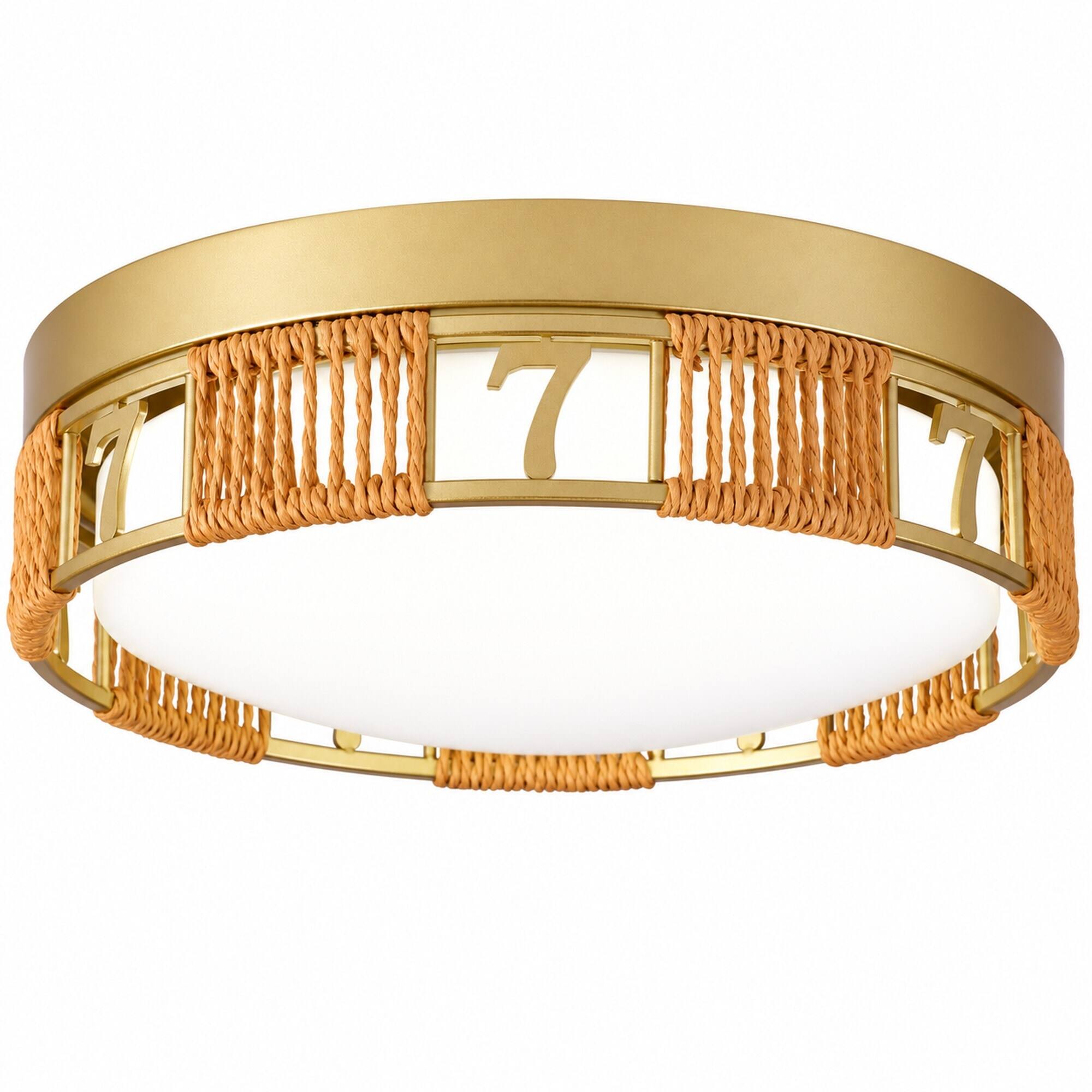 Front. RYHNUYNE - Boho LED Flush Mount Ceiling Light, 11.81 in Gold Metal Frame, Woven Hemp Rope, Frosted Acrylic Shade, Dimmable - Gold.