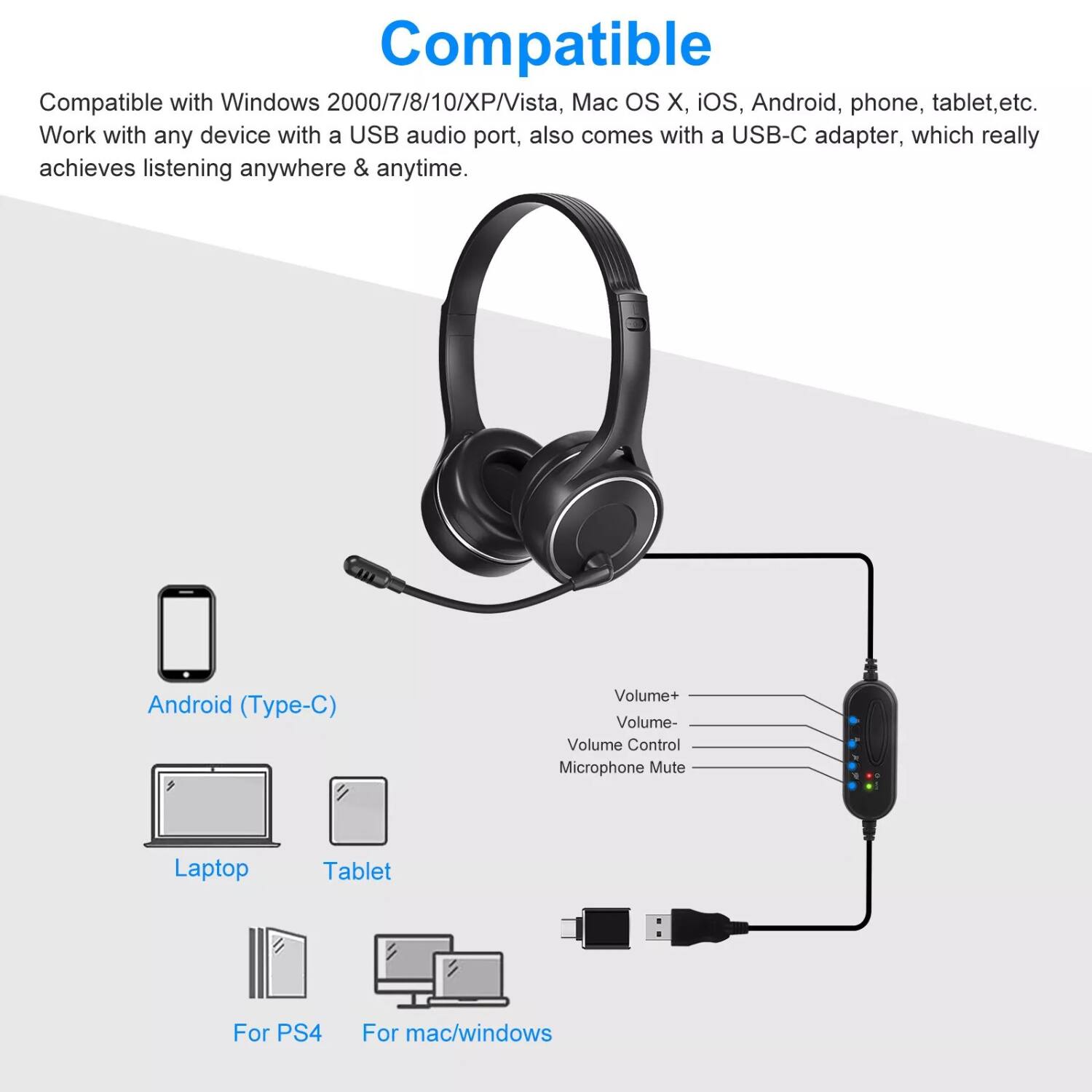 Compatible

Compatible with Windows 2000/7/8/10/XP/Vista, Mac OS X, iOS, Android, phone, tablet, etc. Work with any device with a USB audio port, also comes with a USB-C adapter, which really achieves listening anywhere & anytime.

- Android (Type-C)
- Laptop
- Tablet
- For PS4
- For mac/windows

Volume+
Volume-
Volume Control
Microphone Mute