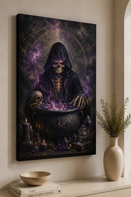 FC Design - Large Skeleton Witch Cauldron Wall Art Canvas Print 24x36" Arcane Potion Fantasy Magic Painting for Home Decor - MultiColor