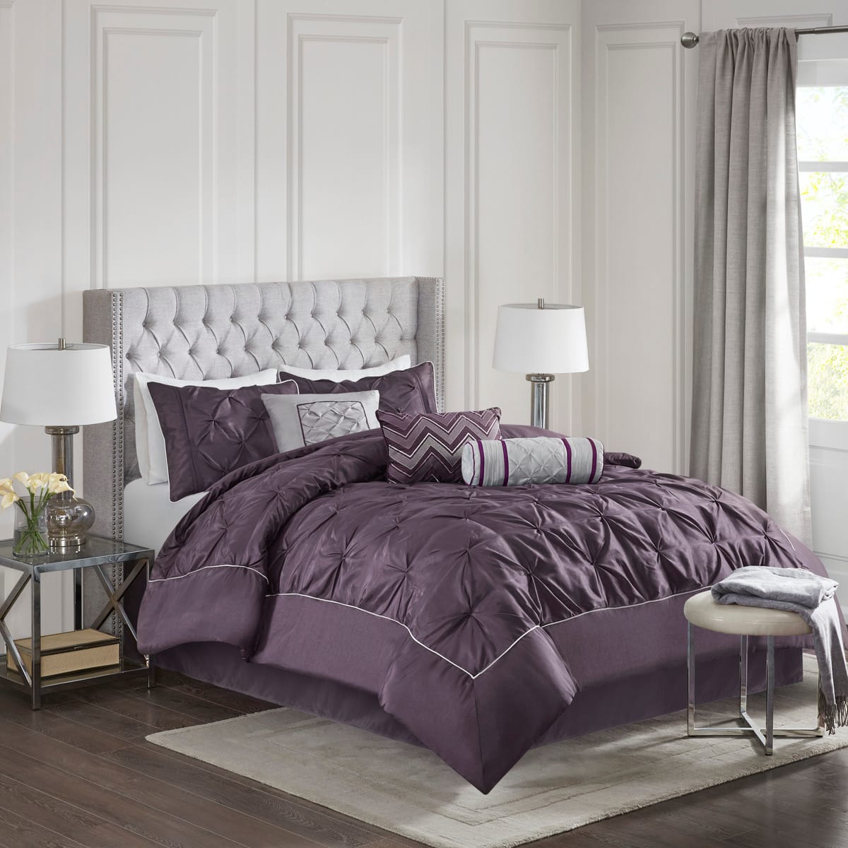 Aukfa - 7 Piece Tufted Comforter Set Cal King - Plum