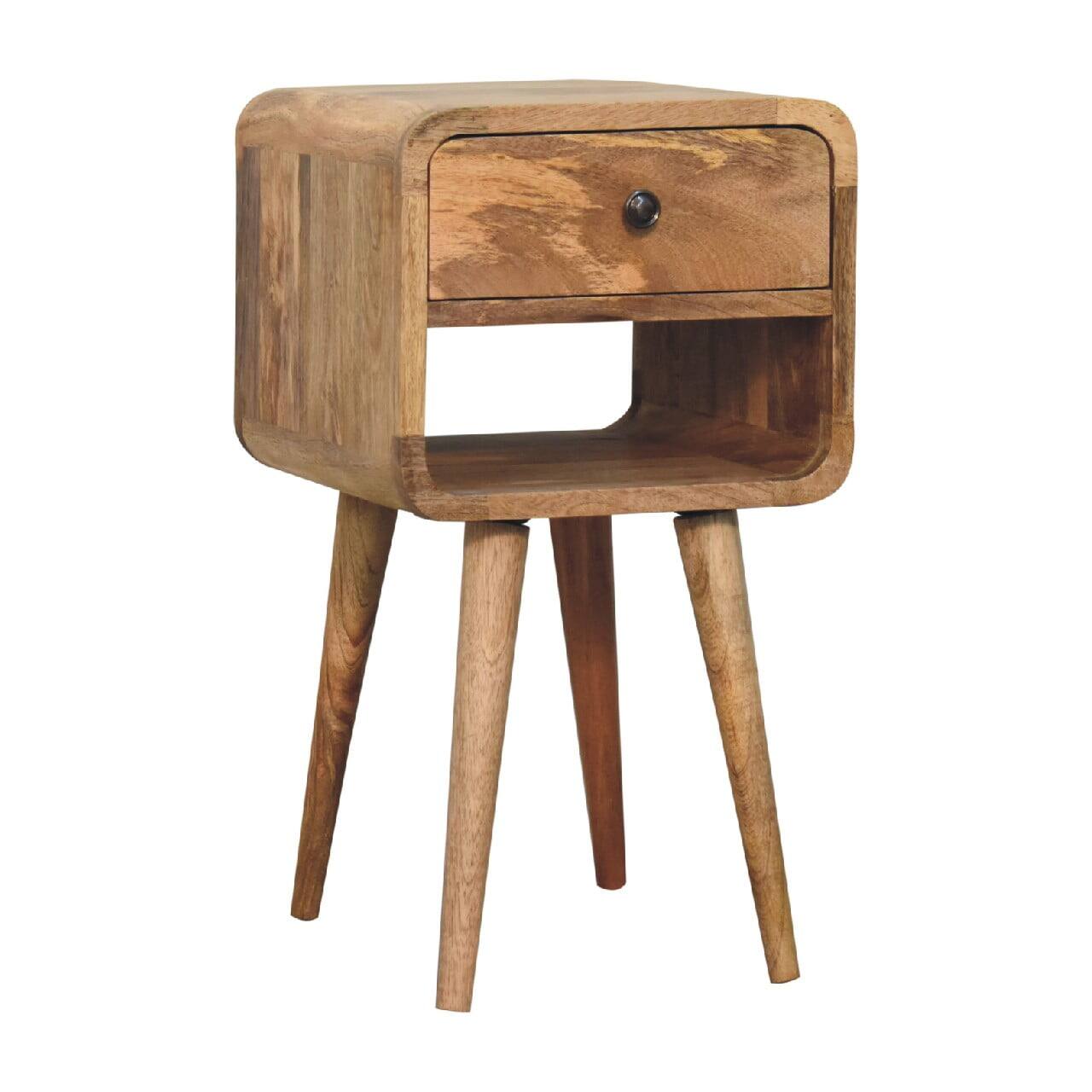 Back. Artisan Furniture - Artisan Furniture Solid Wood Mini Oak-ish Curve Lower Nightstand, 1 Drawer, 1 Open-slot, Nordic legs, Brown - Oak.