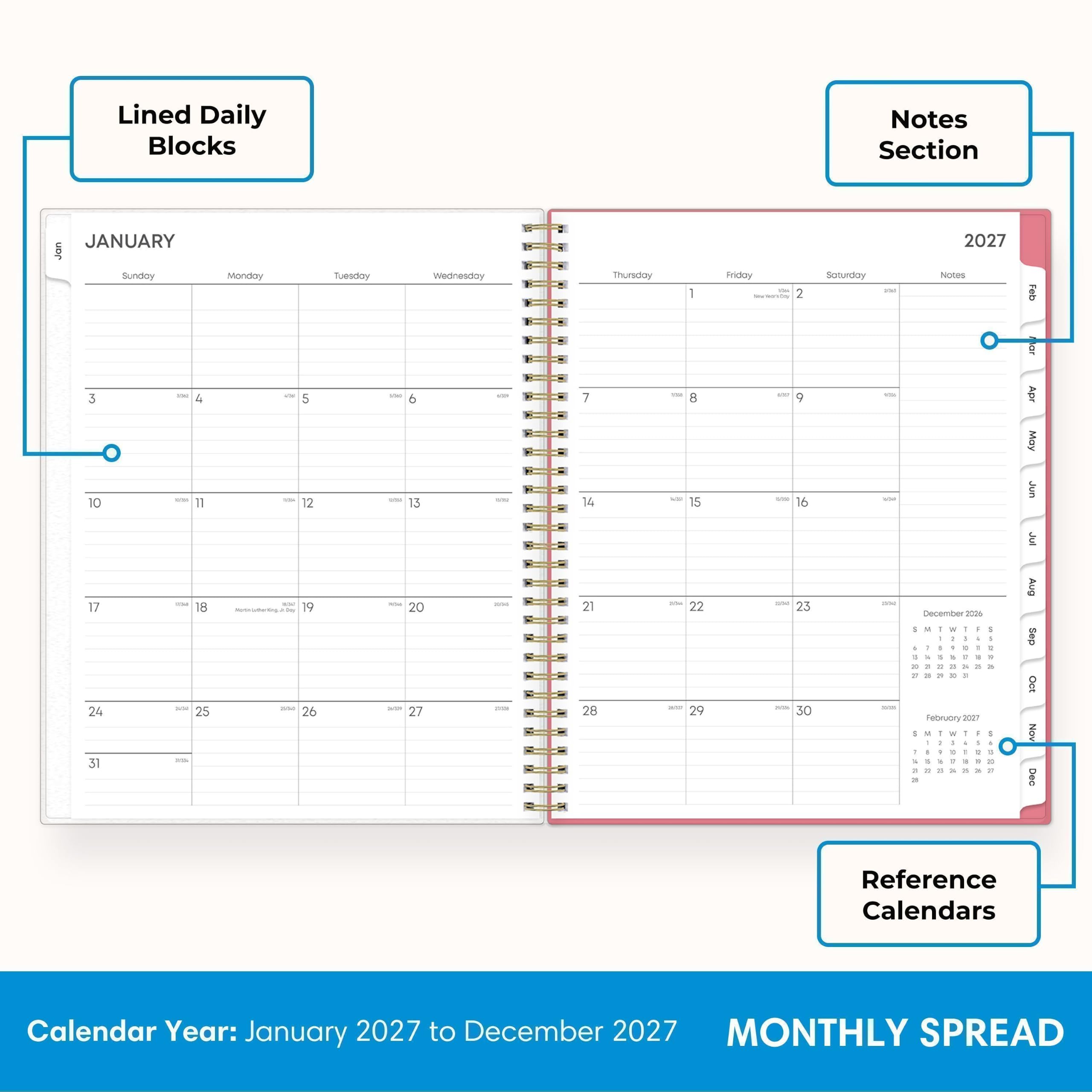 Lined Daily Blocks

Notes Section

JANUARY
Jan
Sunday
Monday
Tuesday
Wednesday
Thursday
1
Friday
2
Saturday
UM
2027 Notes

Feb
3 10 17 24 31
4 11 18 25
5 12 19 26
6 13 20 27
7 14 21 28
8 15 22 29
9 16 23 30

December 2026
January 2027
February 2027

Reference Calendars

Calendar Year: January 2027 to December 2027
MONTHLY SPREAD