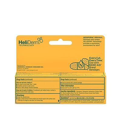 **HeliDerm TECHNOLOGY**

**NEOSPORIN' ORIGINAL Ointment with unique HELIDERM Technology provides a nourishing environment for skin.**

Distributed by JOHNSON & JOHNSON CONSUMER INC.  
C JUO 2000 N

**Every Cut. Every Time. Use with BAND-AID Brand Bandages**

---

**Drug Facts (continued)**

**Active ingredient:**
- Neomycin Sulfate 0.4% (antibiotic)

**Inactive ingredients:**
- Petrolatum
- Mineral Oil
- Lanolin

**Directions:**
- Clean affected area.
- Apply an even layer of this ointment to the affected area as often as necessary.

**Other Information:**
- Store at 25°C (77°F).
- Keep this and all medicines out of the reach of children.

**Inactive ingredients:**
- Cetyl Alcohol
- Dimethicone
- Lanolin
- Petrolatum
- Stearyl Alcohol

**Questions? Call Free:**
- 800-225-0182 or 215-273-8755

---

**Drug Facts (continued