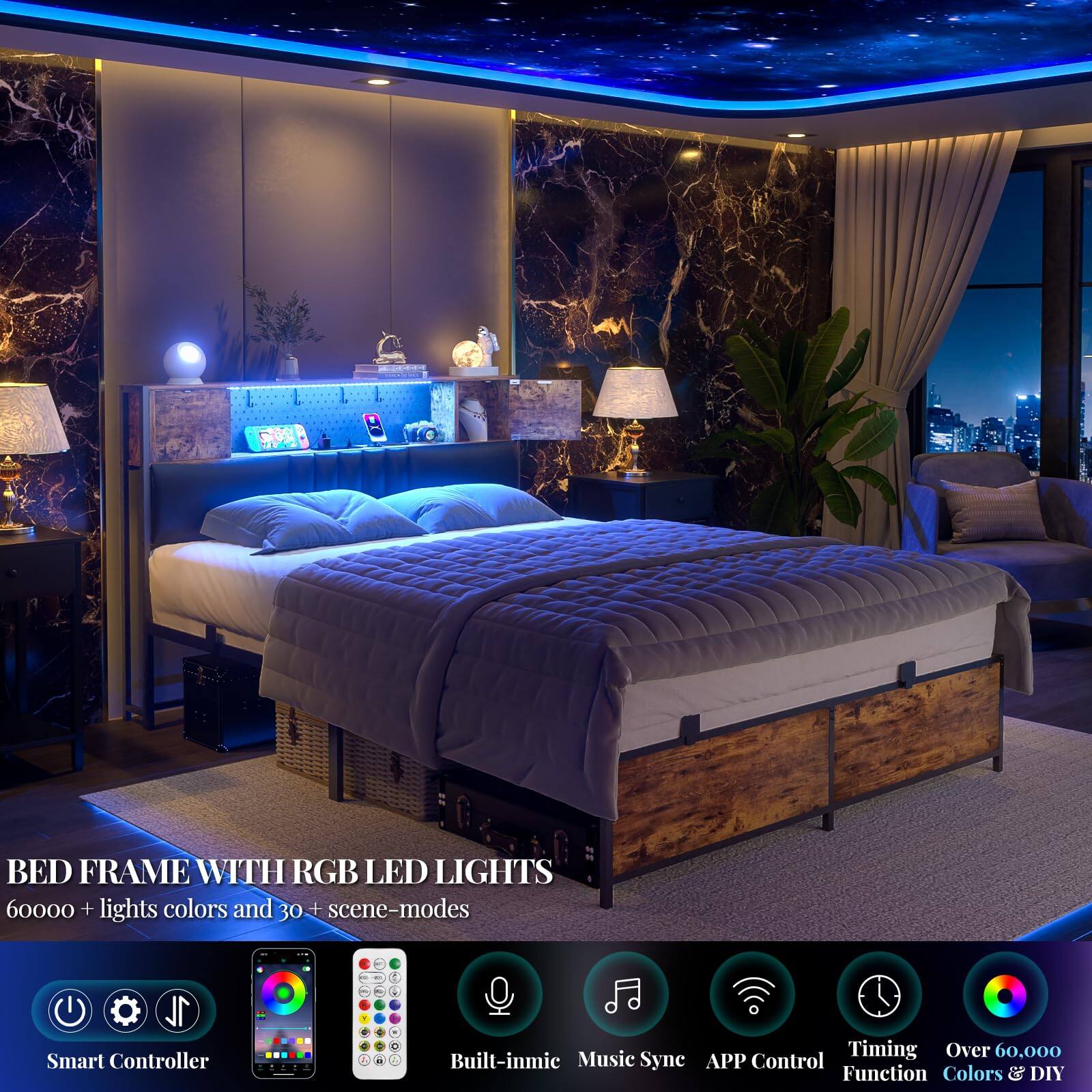 BED FRAME WITH RGB LED LIGHTS  
60000 + lights colors and 30 + scene-modes  

1. Smart Controller  
2. Built-in mic  
3. Music Sync  
4. APP Control  
5. Timing Function  
6. Over 60,000 Function Colors & DIY