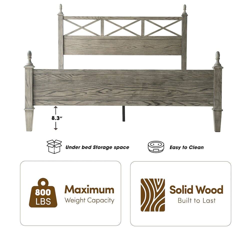 8.3" Under bed Storage space  
Easy to Clean  
800 Maximum LBS Weight Capacity  
Solid Wood Built to Last