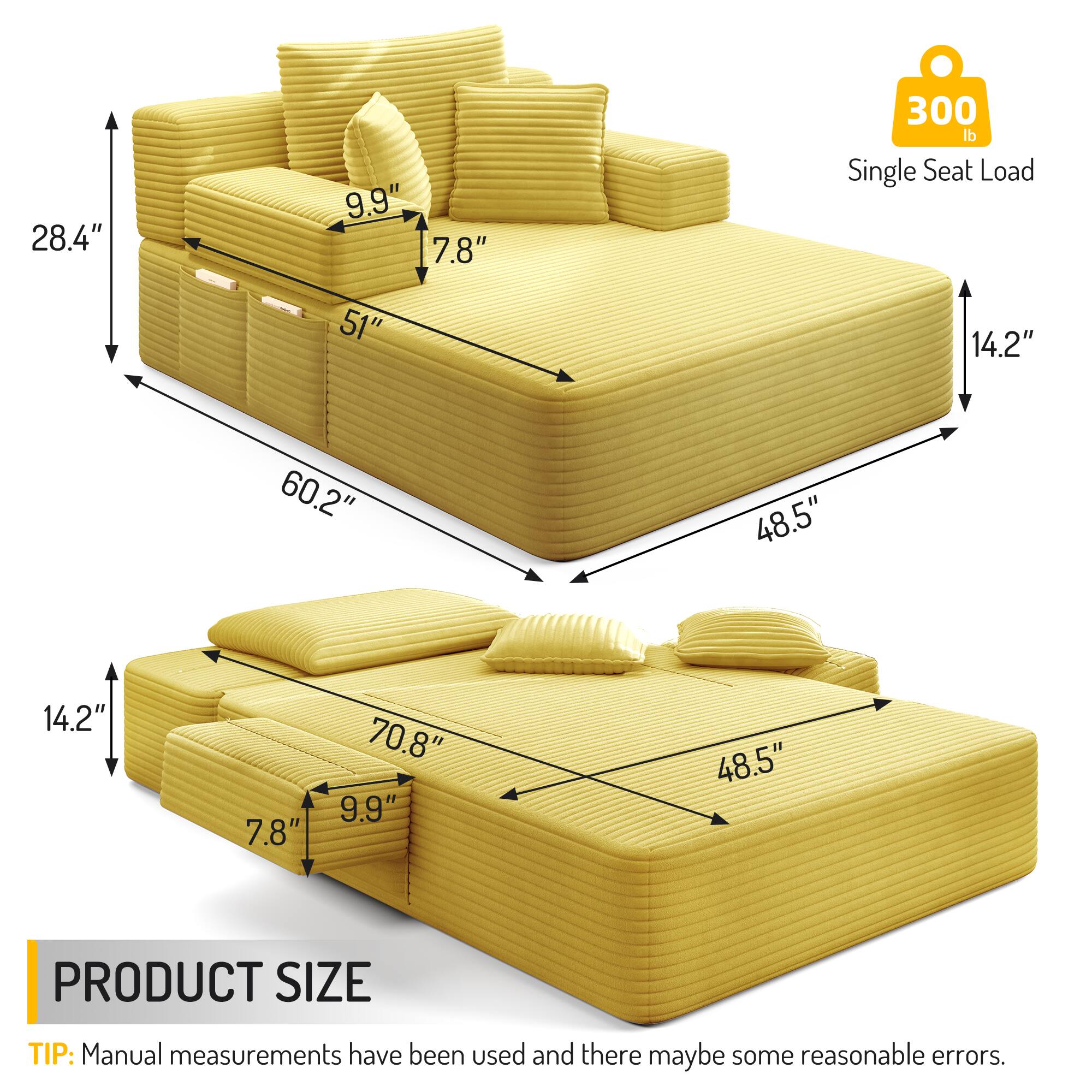28.4"  
9.9" 7.8"  
300 lb Single Seat Load  
51"  
14.2"  
60.2"  
48.5"  
14.2"  
7.8"  
70.8" 9.9"  
48.5"  

PRODUCT SIZE  

TIP: Manual measurements have been used and there may be some reasonable errors.