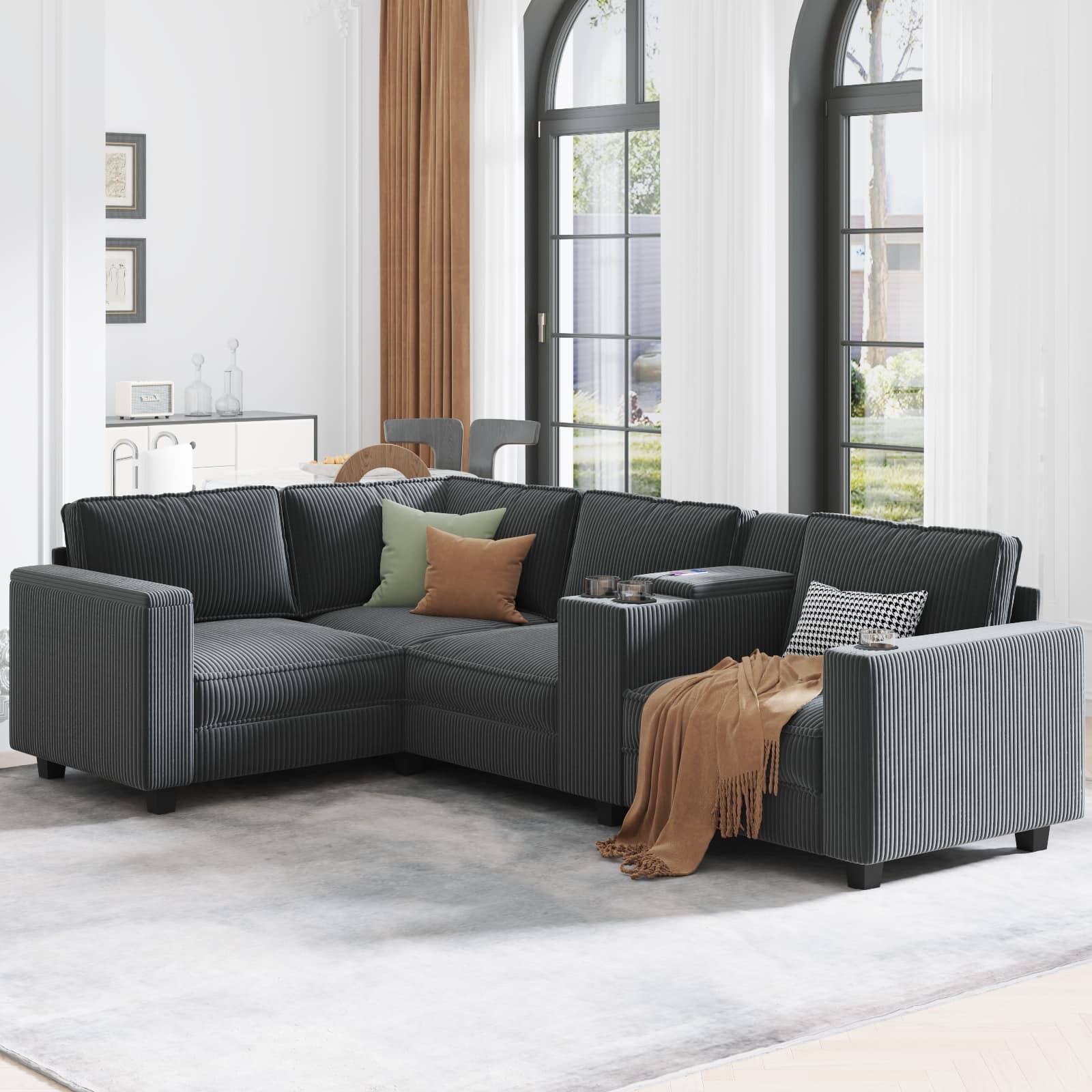 Anysun - L-Shape 4-Seat Corduroy Sofa with Storage Armrests, Center Console & USB Charging. - Gray