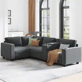 Anysun - L-Shape 4-Seat Corduroy Sofa with Storage Armrests, Center Console & USB Charging. - Gray