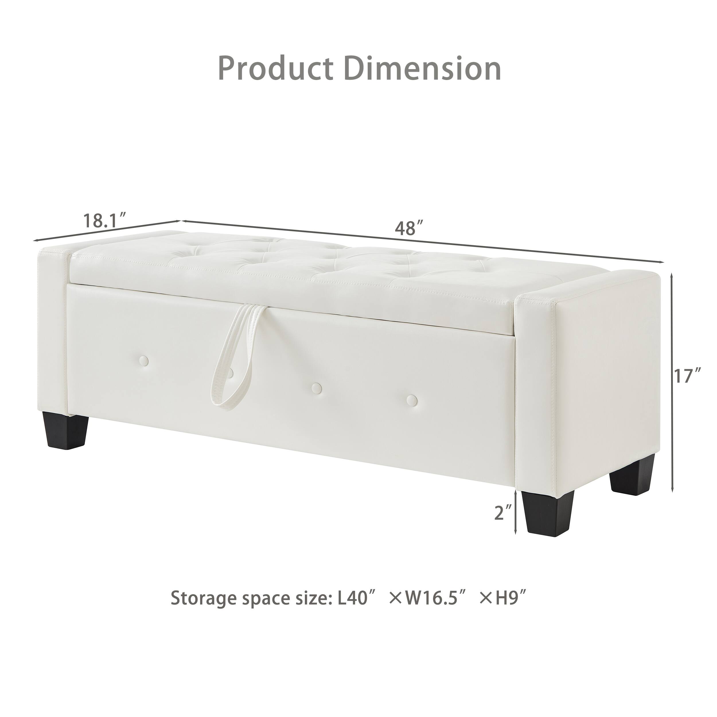Product Dimension  
18.1" x 48" x 17" x 2"  

Storage space size: L40" x W16.5" x H9"