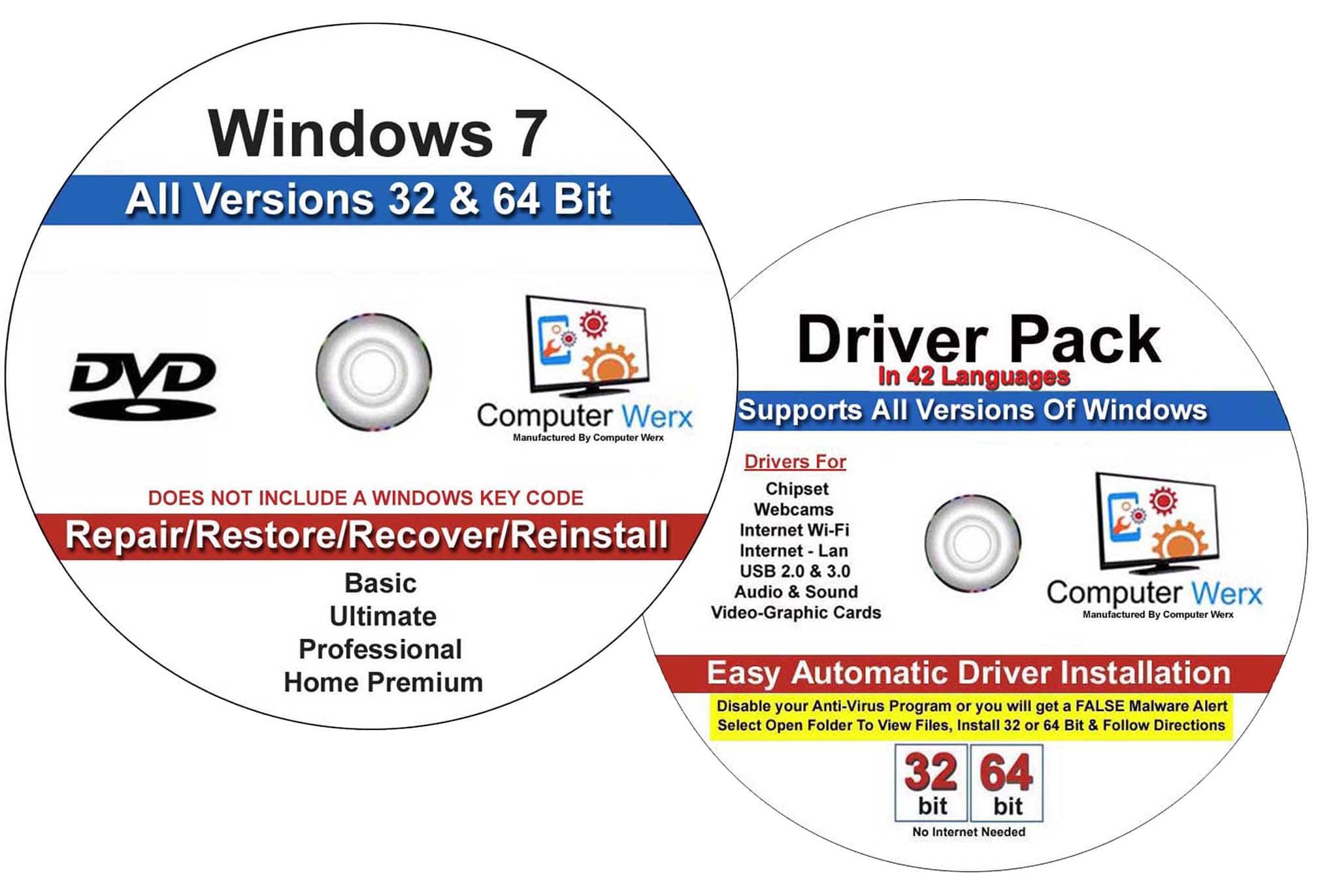 Computer Werx - Windows 7 All Versions Bootable 32/64 Bit Repair Recover Restore Reinstall DVD plus Windows drivers Pack - Windows