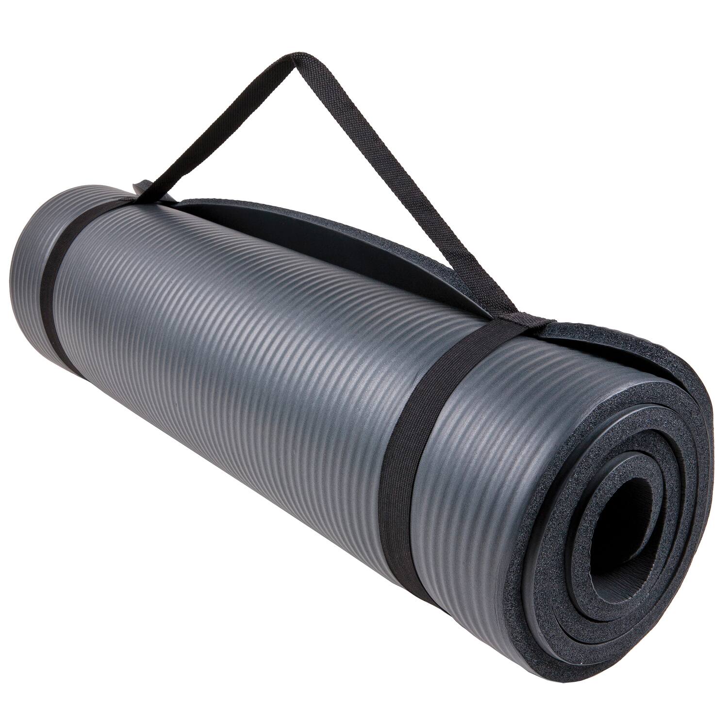 Back. GoFit - 2-Foot x 6-Foot Fitness Mat with Carrying Strap - Gray.