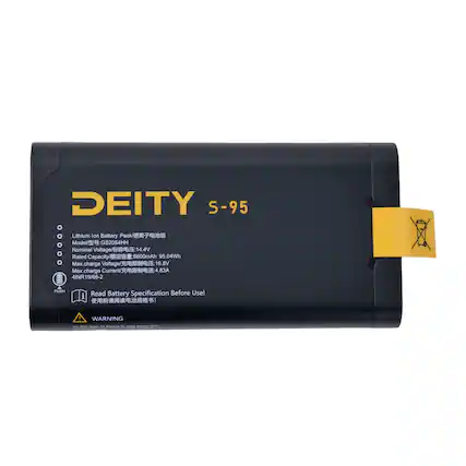 DEITY S-95 Lithium Ion Battery Pack
Model: GS2054HH
Nominal Voltage: 14.4V
Rated Capacity: 6600mAh
Max Charge Voltage: 16.8V
Max Charge Current: 4.83A
4INR19/66-2
PUSH
Read Battery Specification Before Use!
WARNING