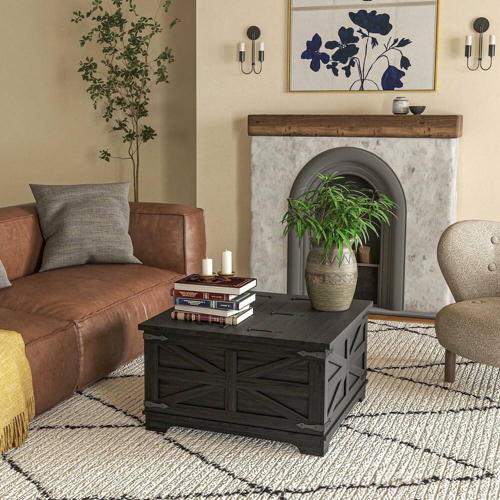 Alt View 1. Kadyn - Farmhouse Coffee Table,Square Center Table with Flip-top Lids, Hidden Storage Compartment,Solid Particleboard - Black.