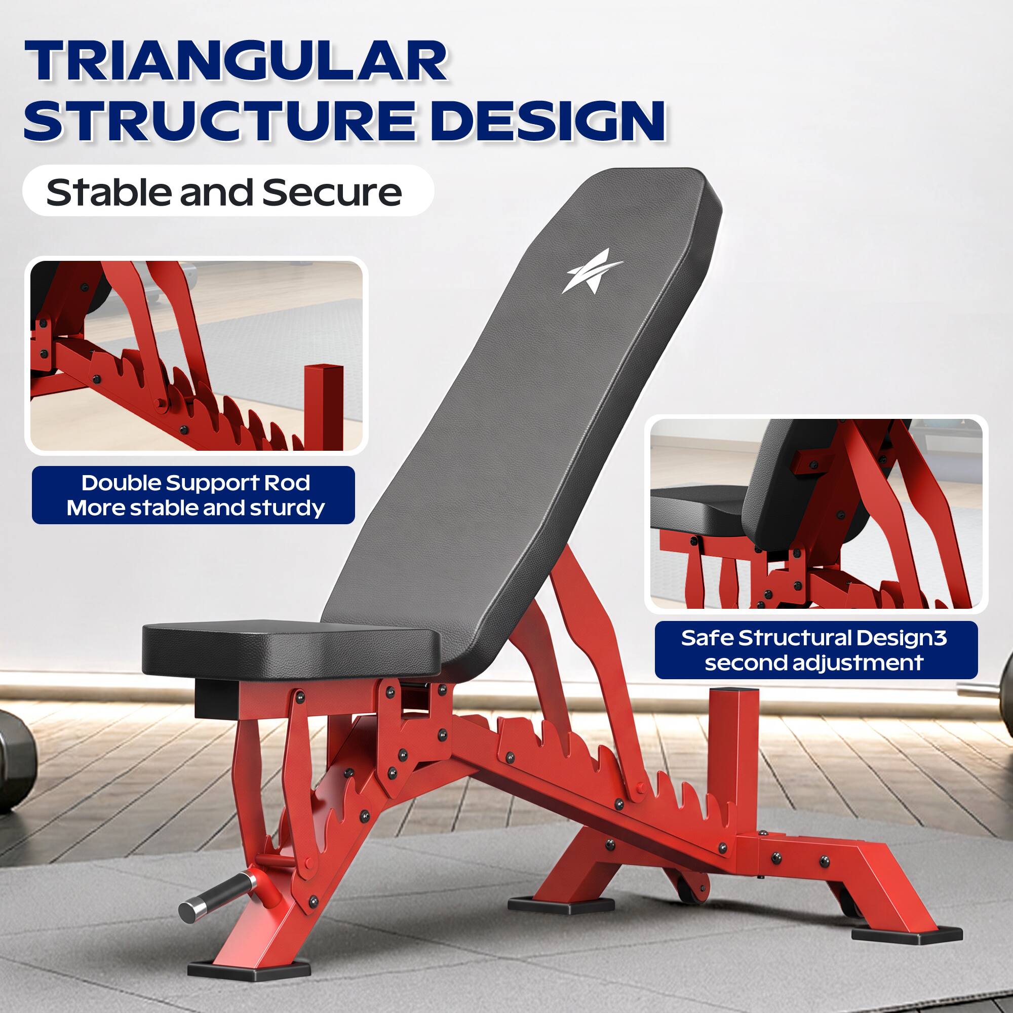 TRIANGULAR STRUCTURE DESIGN  
Stable and Secure  
Double Support Rod  
More stable and sturdy  
Safe Structural Design  
3 second adjustment