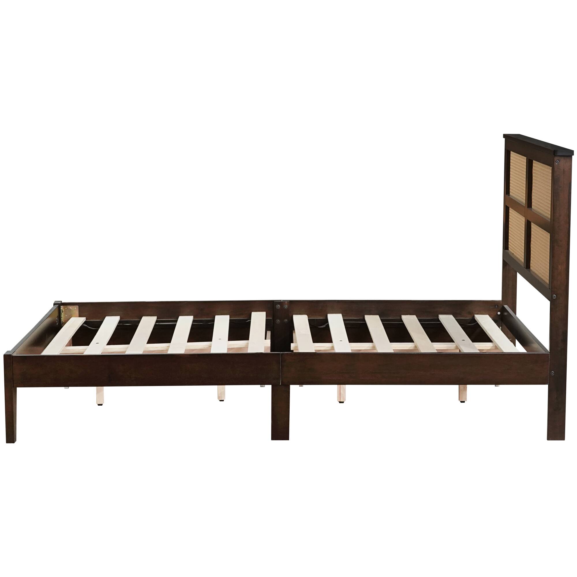 Alt View 2. GOODSILO - Full Size Bed with Rattan Headboard and Two Storage Drawers, Solid Wood Frame with Enhanced Support Slats - Espresso.