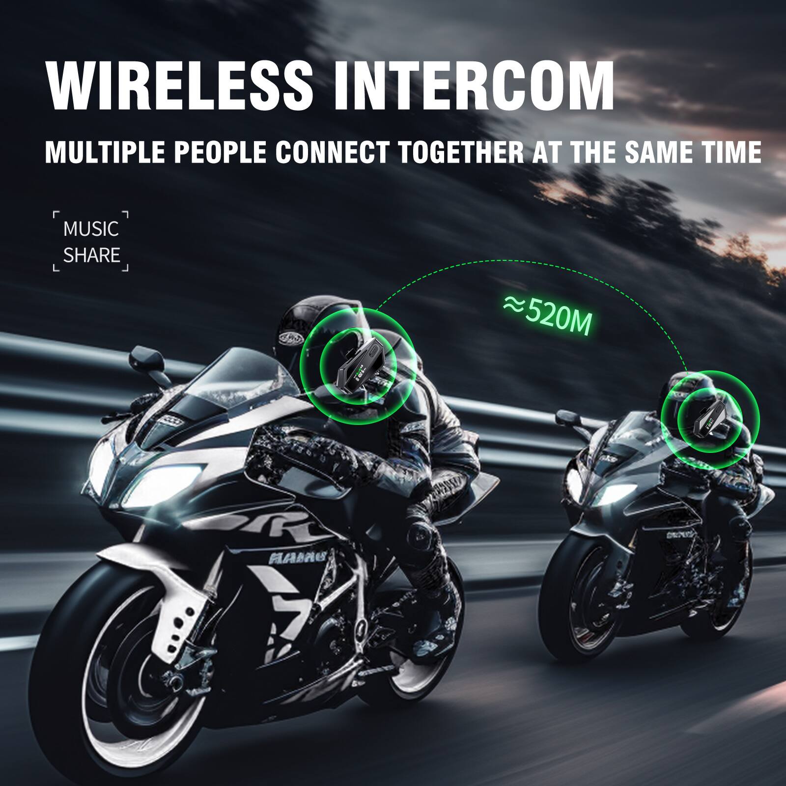WIRELESS INTERCOM  
MULTIPLE PEOPLE CONNECT TOGETHER AT THE SAME TIME  
MUSIC SHARE  
≈520M