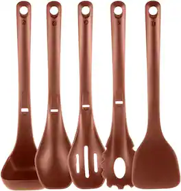 NutriChef - Kitchen Cooking Utensils Set, Includes Spatula, Pasta Fork, Slotted Spoon, Solid Spoon (Brown) - NCWSTKBRUTENS