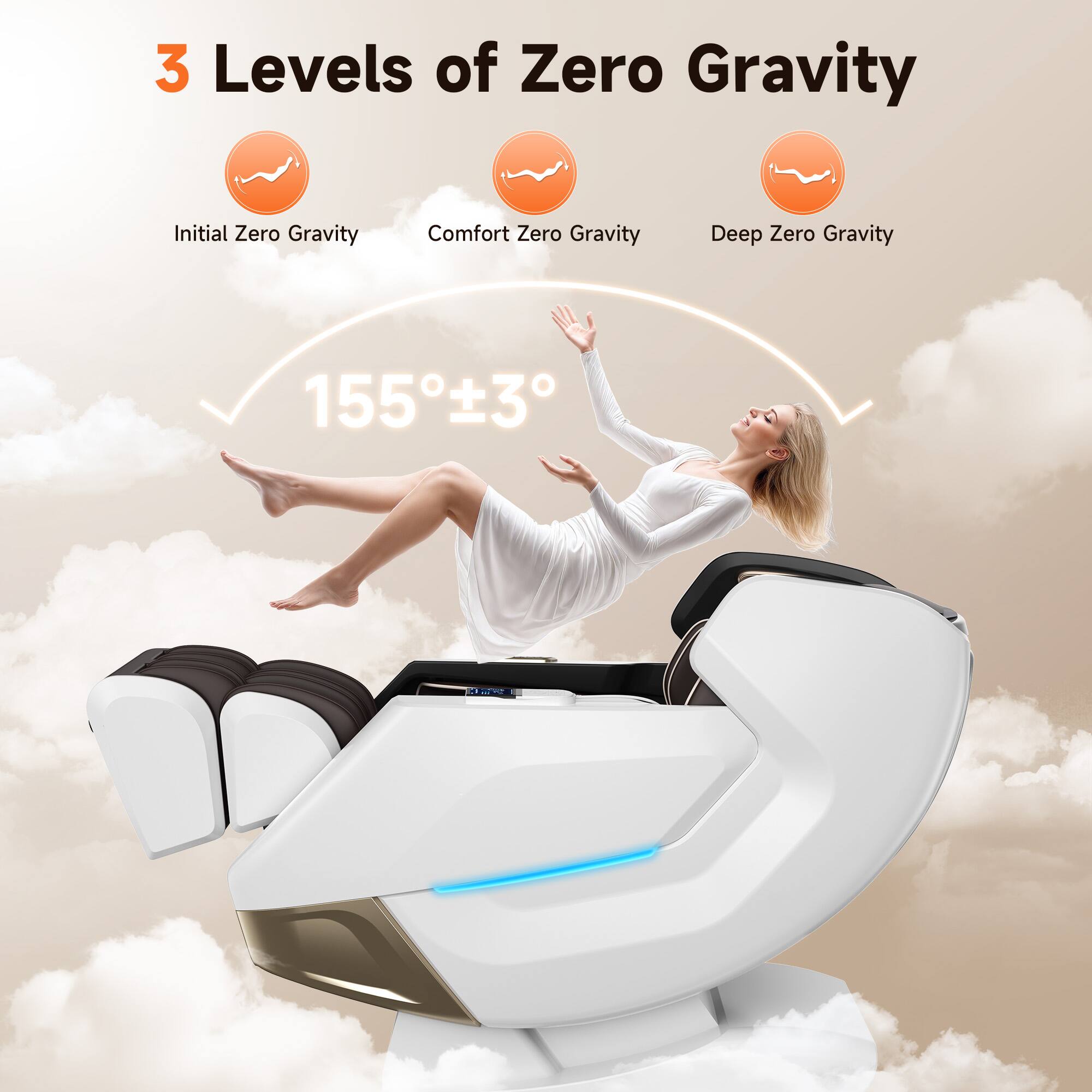 3 Levels of Zero Gravity

Initial Zero Gravity
Comfort Zero Gravity
Deep Zero Gravity

155°±3°