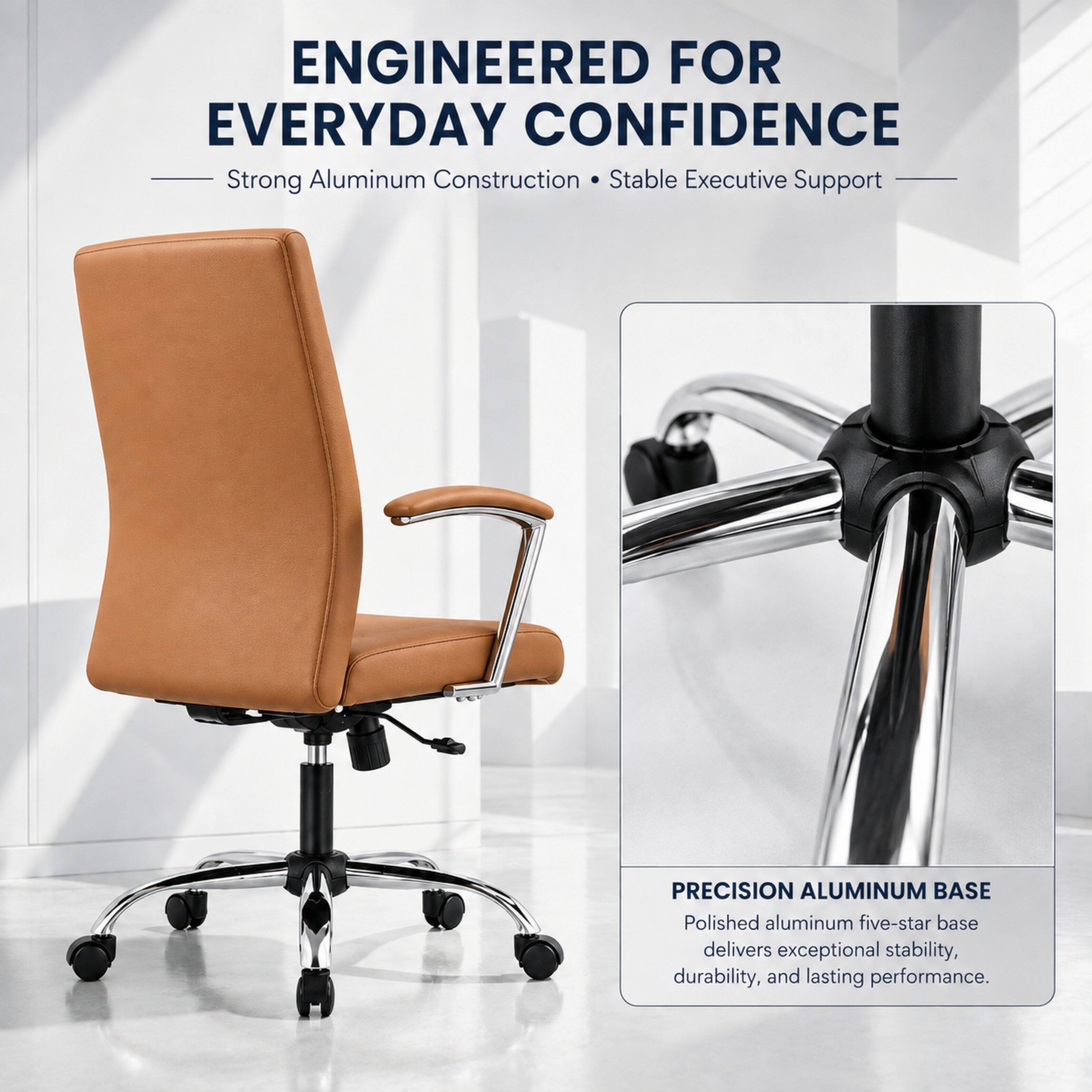 ENGINEERED FOR EVERYDAY CONFIDENCE  
Strong Aluminum Construction • Stable Executive Support  

PRECISION ALUMINUM BASE  
Polished aluminum five-star base delivers exceptional stability, durability, and lasting performance.
