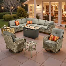 Ovios - 11 PCS Patio Furniture Set Sectional Sofa with Swivel Chair, Coffee Table & 42" Fire Pit Table - Dark Gray