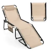 Costway 1 PC Patio Folding Chaise Lounge Chair Portable Sun Lounger with Adjustable Backrest - Beige - Front_Zoom