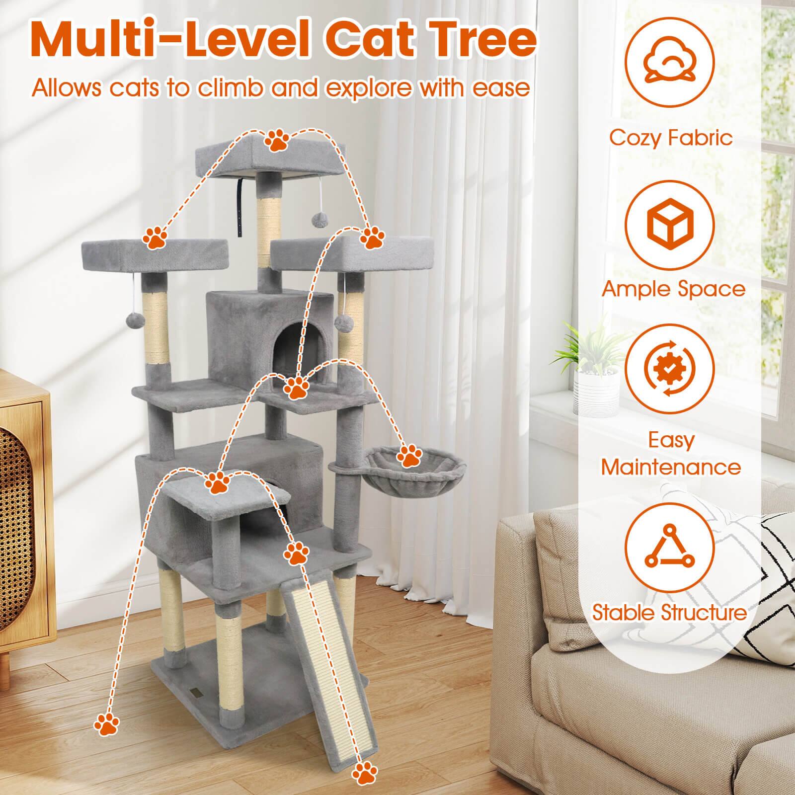 Multi-Level Cat Tree  
Allows cats to climb and explore with ease  

- Cozy Fabric  
- Ample Space  
- Easy Maintenance  
- Stable Structure