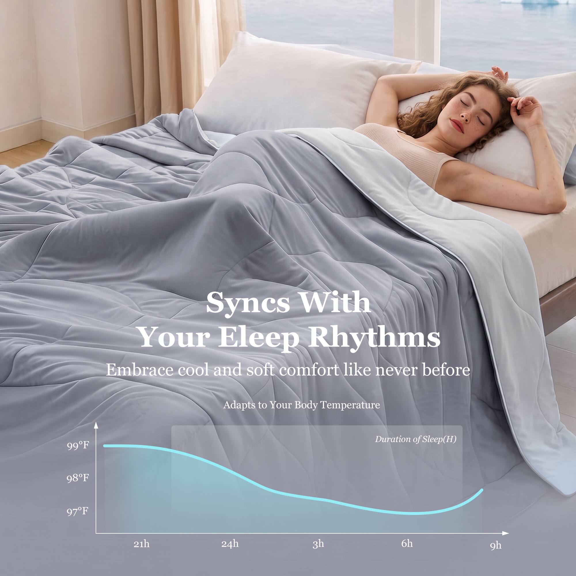 Syncs With Your Sleep Rhythms  
Embrace cool and soft comfort like never before  

Adapts to Your Body Temperature  

99°F  
98°F  
97°F  

Duration of Sleep (H)  
21h  
24h  
3h  
6h  
9h