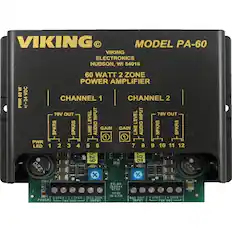 VIKING
MODEL PA-60
VIKING ELECTRONICS
HUDSON, WI 54016
60 WATT 2 ZONE POWER AMPLIFIER
PWR 60 W
-24 VDC
CHANNEL 1
70V OUT
LINE LEVEL INPUT
GAIN
LINE AUDIO
SPKRS
SPKRS
CHANNEL 2
70V OUT
LINE LEVEL INPUT
GAIN
LINE AUDIO
SPKRS
SPKRS
PWR LED
1 2 3 4 5 6 7 8 9 10 11 12
TOT 529
25 *
220
101 101 101 101 220
IL PA-60
262344 REVA MADE
600 OHM
600 OHM
SPKR
POVER
70V OUT
INPUT
70V OUT