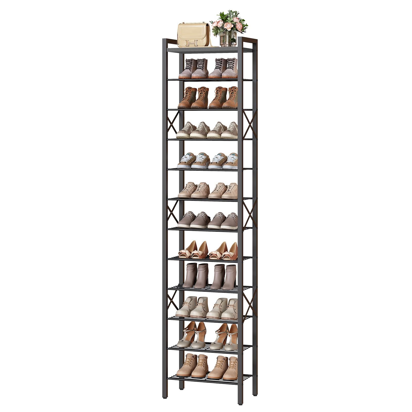 Alt View 6. Reds Spade - 12 Tier Narrow Shoe Rack Tall Shoe Rack 12 24 Pairs Slim Shoe Storage Organizer Top Space Saving - Rustic Brown + Black 16.5" x 10.4" x 67".